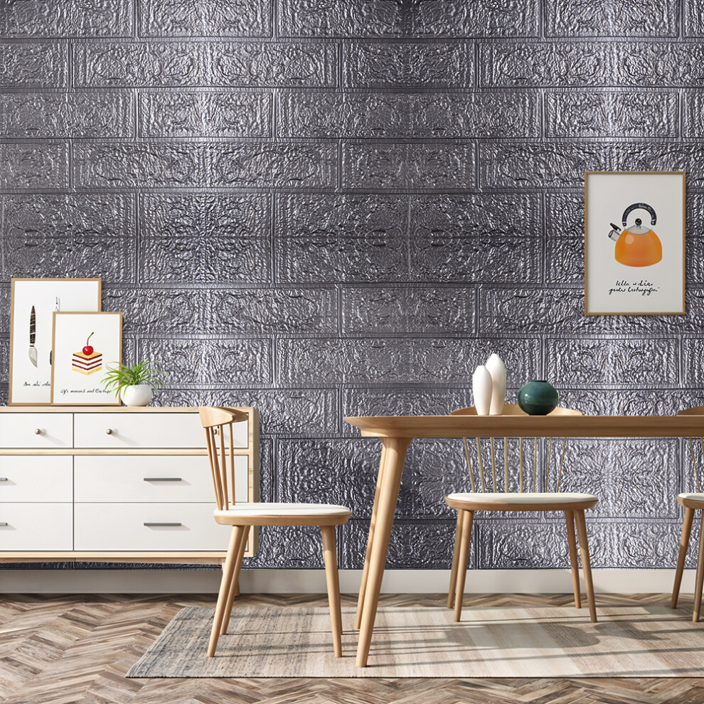 15PCS Self-Adhesive 3D Brick Effect Wall Panels Wallpaper, Silver-Grey