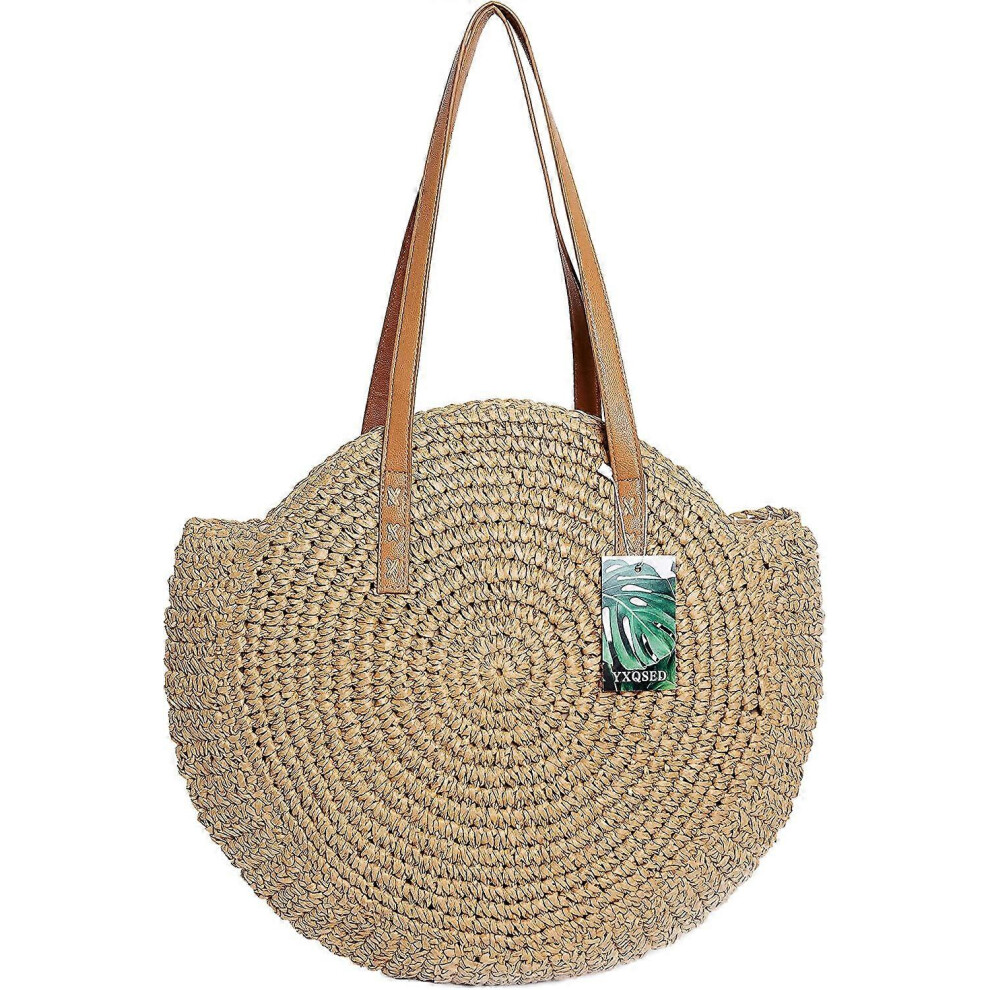 Sac rond tressé - Sacs de plage d'été en paille tressée avec fermeture éclair, poignées en cuir