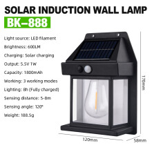 (Czarna-1 szt.) Zewnętrzna lampa ścienna solarna wodoodporna lampa z żarnikiem wolframowym lampa indukcyjna