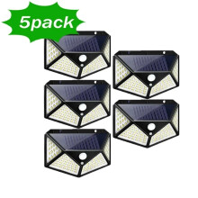 (100LED 5szt. - 100LED) Lampa ścienna solarna z 4 stron świecąca z czujnikiem ruchu, do ogrodu, na zewnątrz,