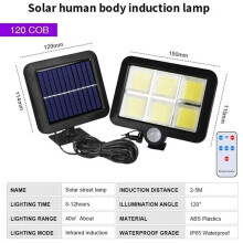 (120COB z pilotem) Lampa ścienna z czujnikiem ruchu, 3 tryby, wodoodporna, ogrodowa, uliczna, solarna