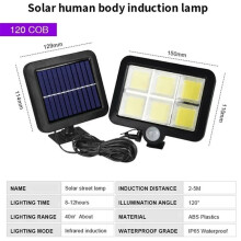 (120COB) Lampa ścienna z czujnikiem ruchu, 3 tryby, wodoodporna, ogrodowa, uliczna, solarna