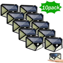 (100LED 10szt.-100LED) Lampa ścienna solarna z 4 stron świecąca z czujnikiem ruchu, do ogrodu, na zewnątrz,