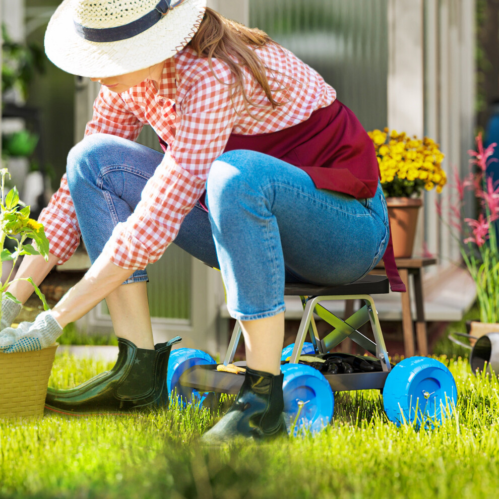 Outsunny Garden Cart With Wheels, Tool Tray For Weeding, Planting, Blue