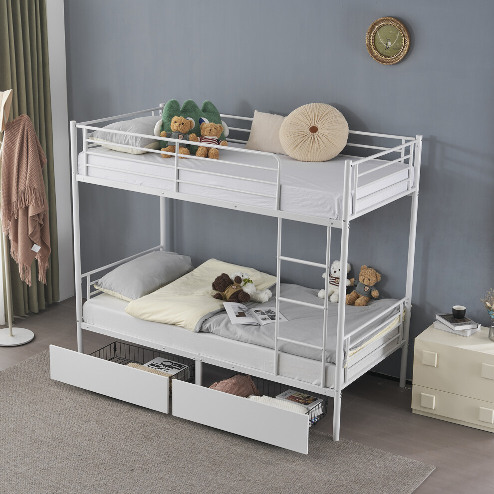 Twin Over Twin Bunk Bed with 2 Storage Drawers and Guard Rail,white