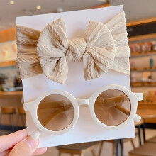 (Weiß)2 Teile/satz Neue Kinder Einfarbig Baumwolle Bowknot Breites Haarband Runde Sonnenbrille Set Baby