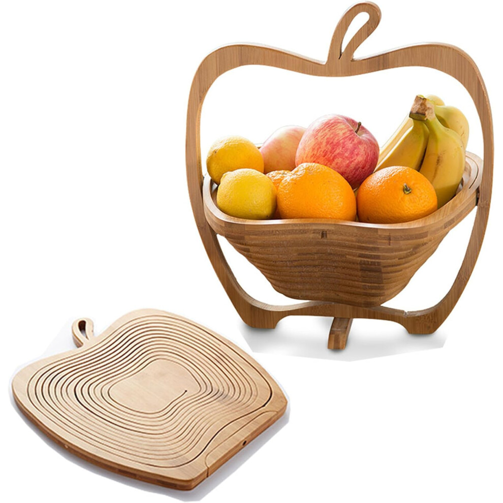 MantraRaj Foldable Apple Shaped Basket 30 x 27 x 22.5 cm Folding Bamboo Fruit Bowl Holder Basket & Collapsible Cutting Board
