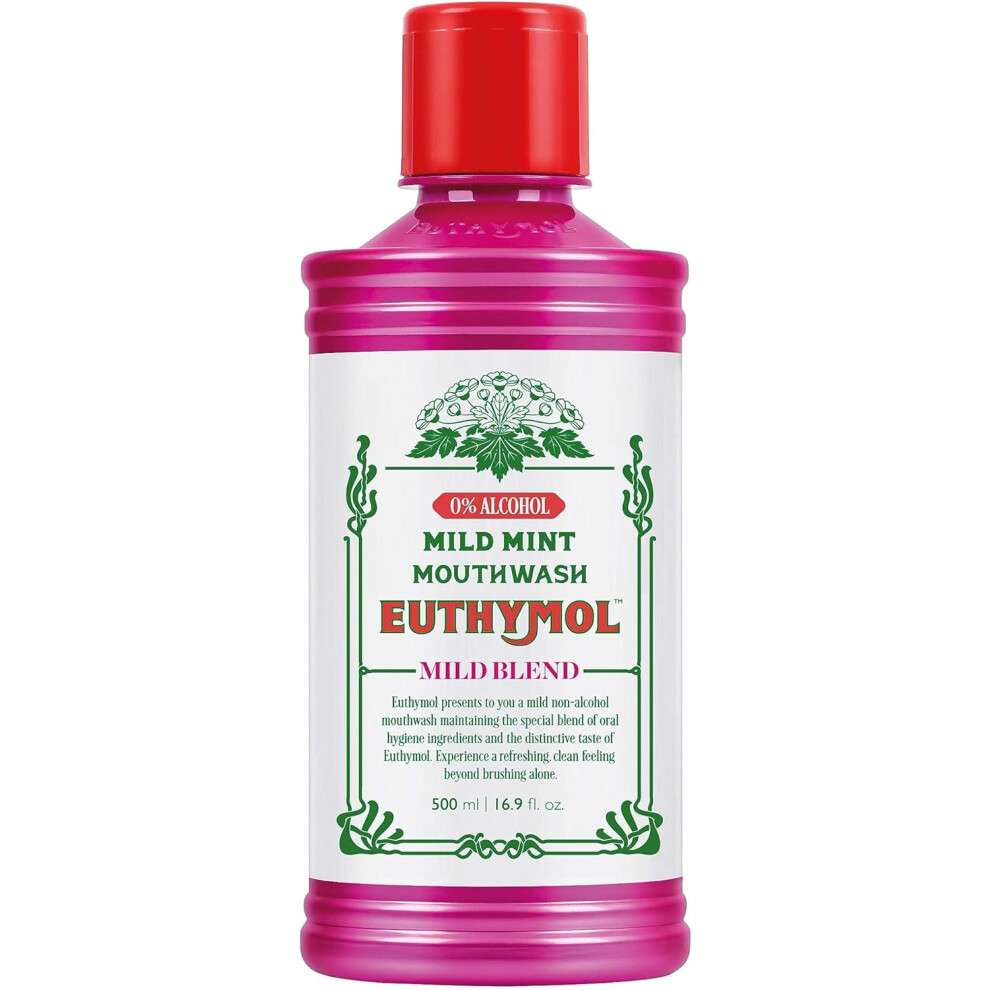 Euthymol Mild Mint Mouthwash 500mL | Gentle Antibacterial, Alcohol-Free Oral Rinse for Sensitive Mouth, Fresh Breath & Daily Gum Care