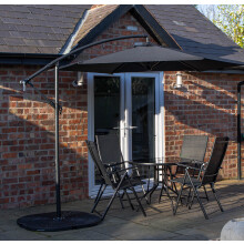 4 Person Round Glass Top Dining Table Chairs With Black Banana Parasol and Base
