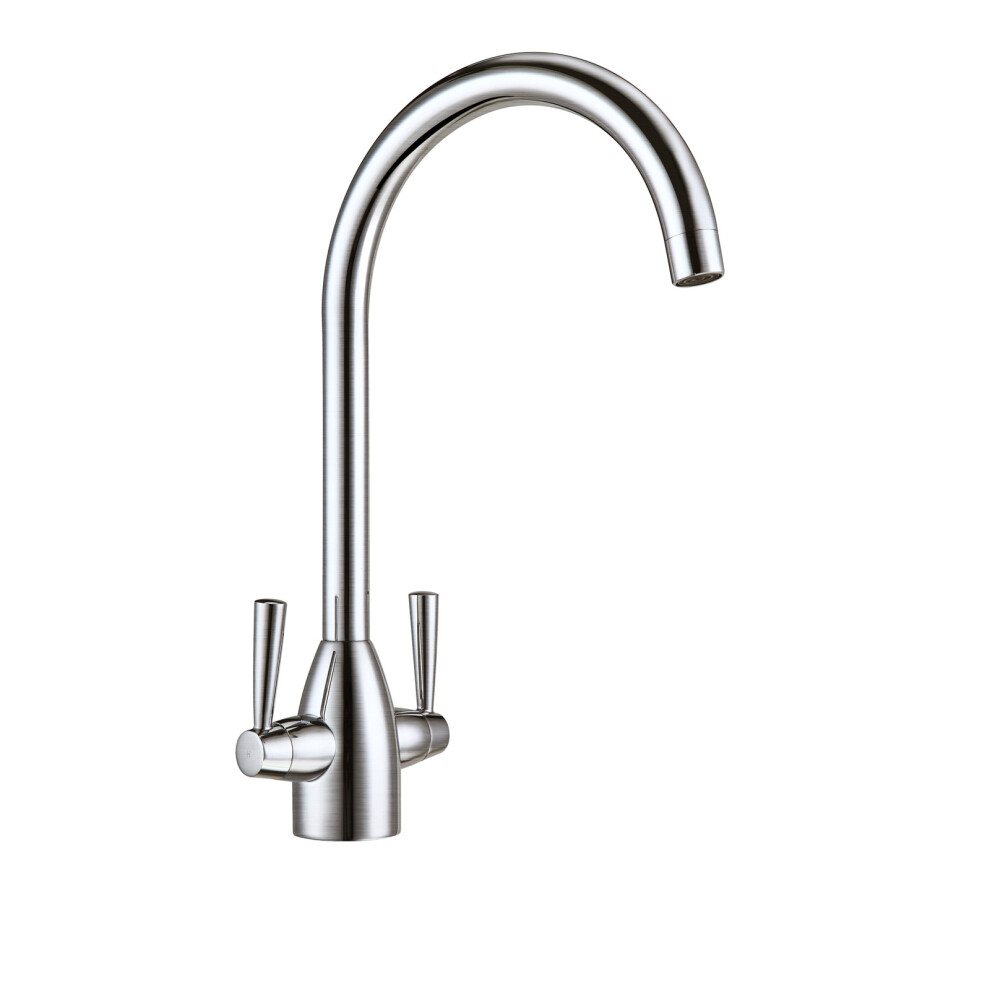 Modern Brushed Nickel Kitchen Sink Basin Twin Lever Mono Mixer Tap With 360 Swivel Spout