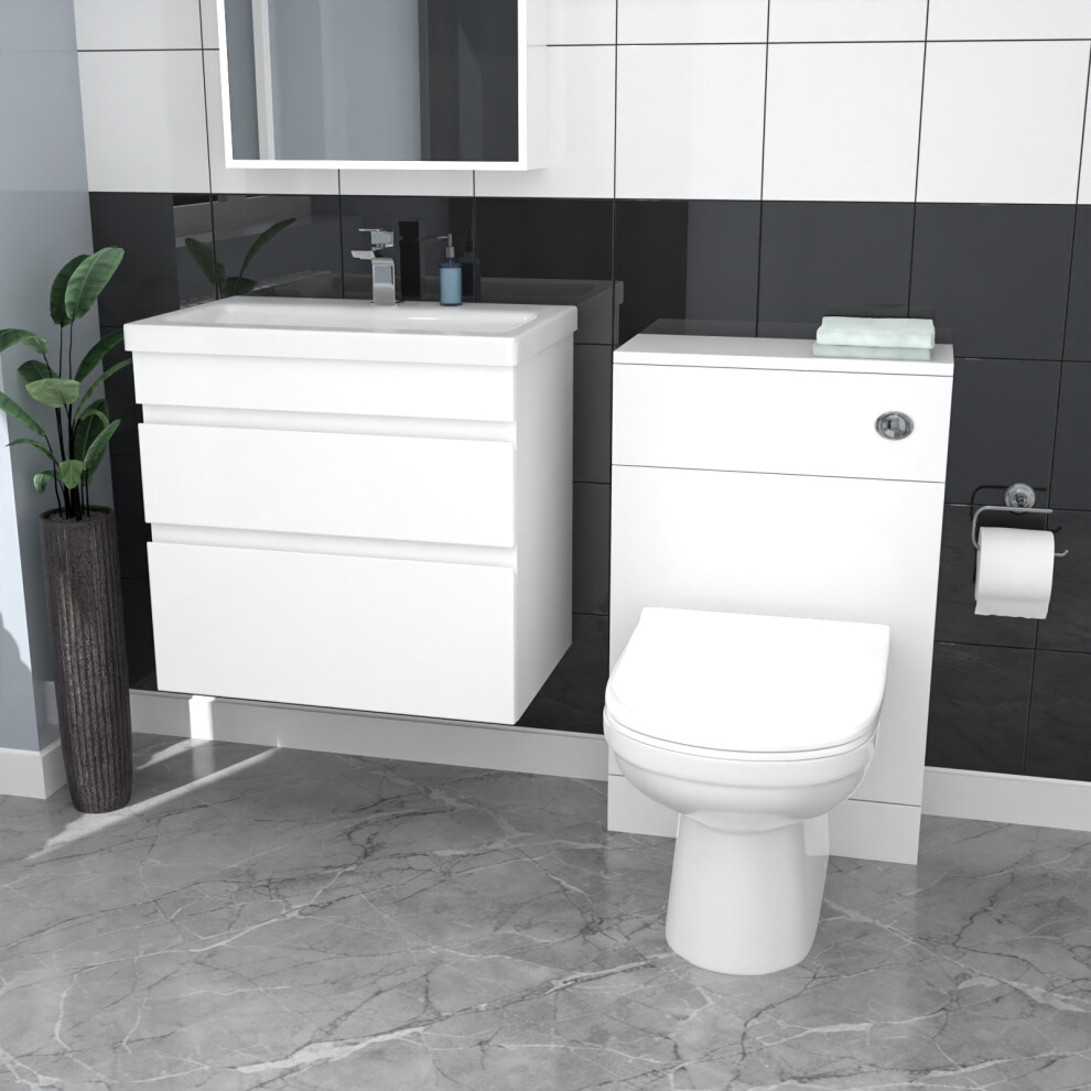 Nes Home White Wall Hung 600mm Vanity Unit 2 Drawer with WC Unit & BTW Toilet
