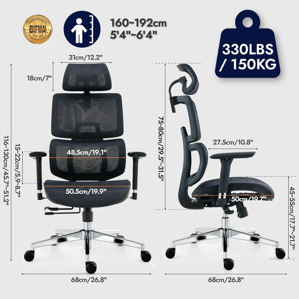 Ergonomic Office Chair with Breathable High Back, Mesh Lumbar Support, Reclinable Backrest, Adjustable 3D Armrests & He