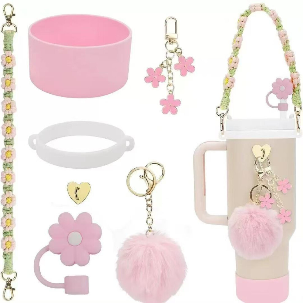 (Styles 4, 1.1L-2L) Stanley Cup Tassel Decoration Bow Silicone Straw Cap Colourful Flower Cup Chain Cup Holder Party Favour