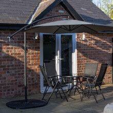 4 Person Round Glass Top Dining Table Chairs With Grey Banana Parasol and Base
