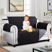 (2 Seater: 227X179 CM, Black Dark Grey) Sofa Slip Cover Reversible Quilted Waterproof Pet Protector Furniture Cover