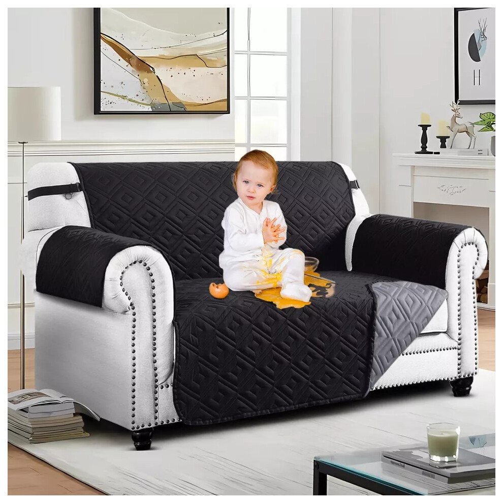(2 Seater: 227X179 CM, Black Dark Grey) Sofa Slip Cover Reversible Quilted Waterproof Pet Protector Furniture Cover