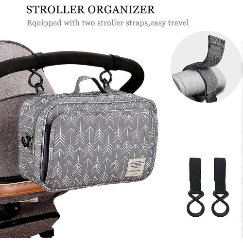 Pram Buggy Bag Organiser & Stroller Organiser,Large Stroller Storage with Deep Cup Holder(Grey) 1