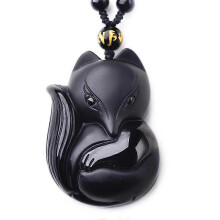 Natural Genuine Obsidian Lucky Fox Amulet Pendant Necklace Adjustable Woven Rope Beads Hanging Ornament