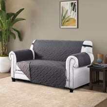 (2 Seater: 227X179 CM, Light Grey Dark Grey ) Sofa Slip Cover Reversible Quilted Waterproof Pet Protector Furniture Cover