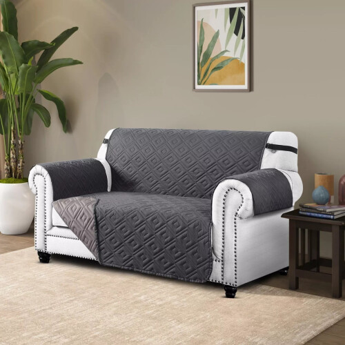 (2 Seater: 227X179 CM, Light Grey Dark Grey ) Sofa Slip Cover Reversible Quilted Waterproof Pet Protector Furniture Cover