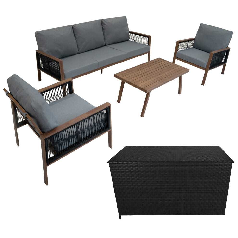 (Wood Effect) 4 Piece Aluminium Furniture Set With Rattan Storage Box