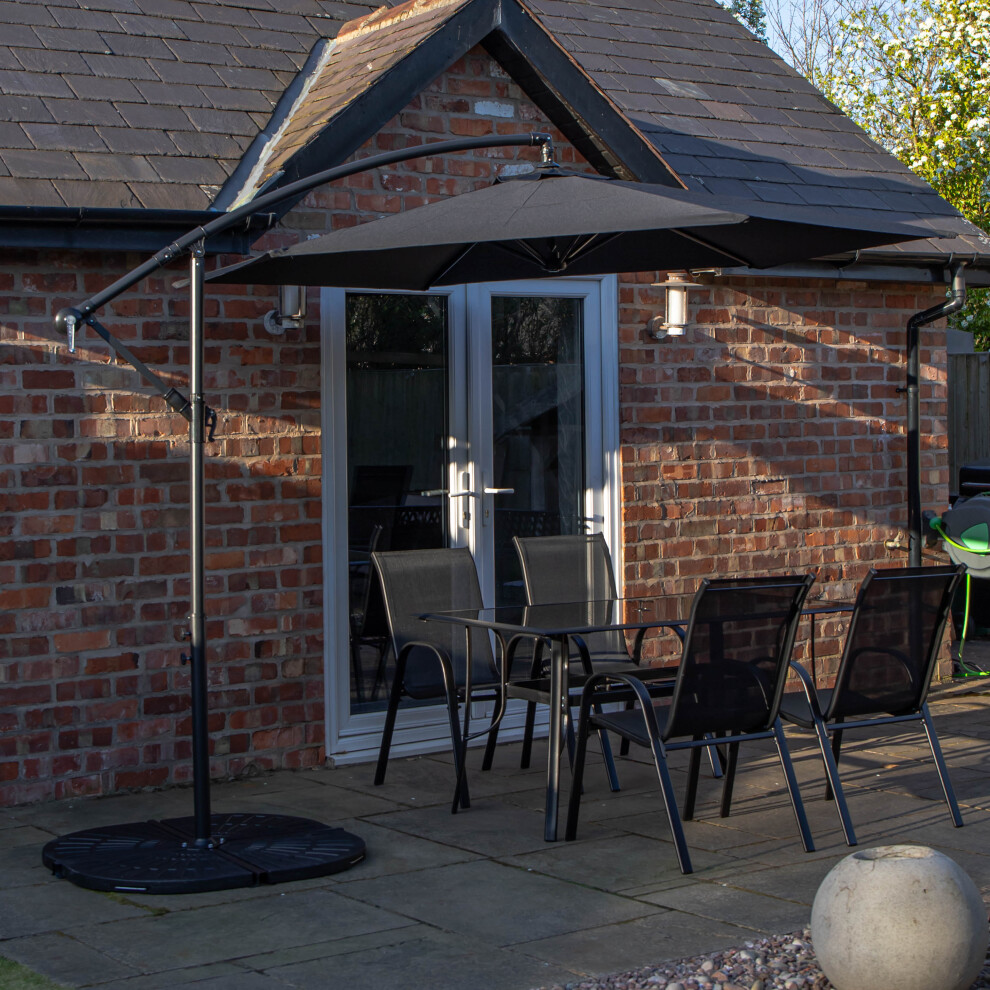 4 Person Rectangular Glass Top Dining Table Chairs With Black Banana Parasol and Base