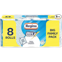 Regina Blitz Household Towels 8 Triple Layered Rolls, 70 Sheets Per Roll, Paper Packaging, FSC Certified Paper, Recyc