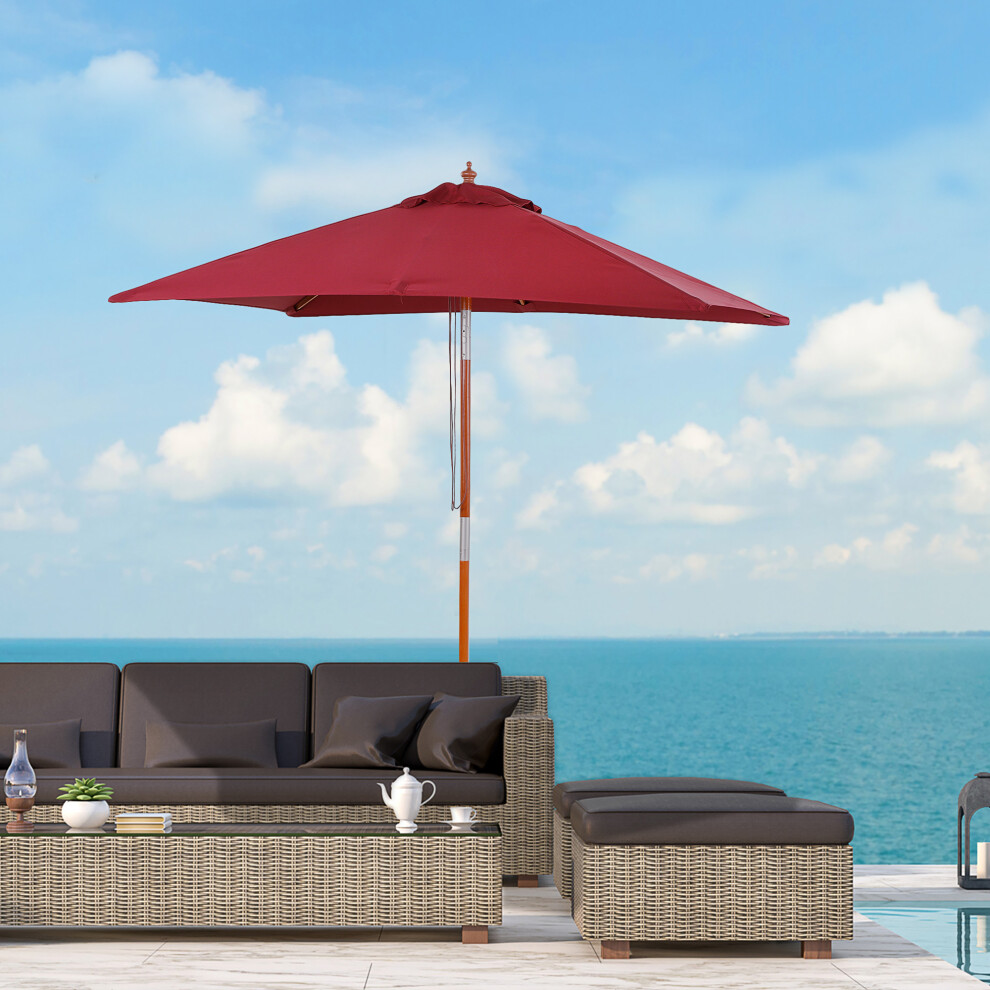 Outsunny Wooden Patio Umbrella Market Parasol Outdoor Sunshade 6 Ribs Wine Red