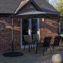 4 Person Rectangular Glass Top Table Chairs With Grey Banana Parasol and Base