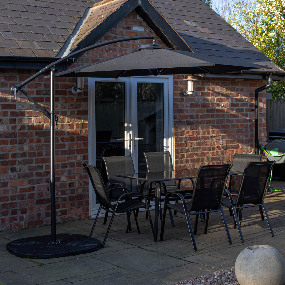 6 Person Rectangular Glass Top Table Chairs With Black Banana Parasol and Base
