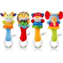 Baby Soft Rattle Sensory Toy - 4-Pack Newborn Plush Rattle Animal Grip Set