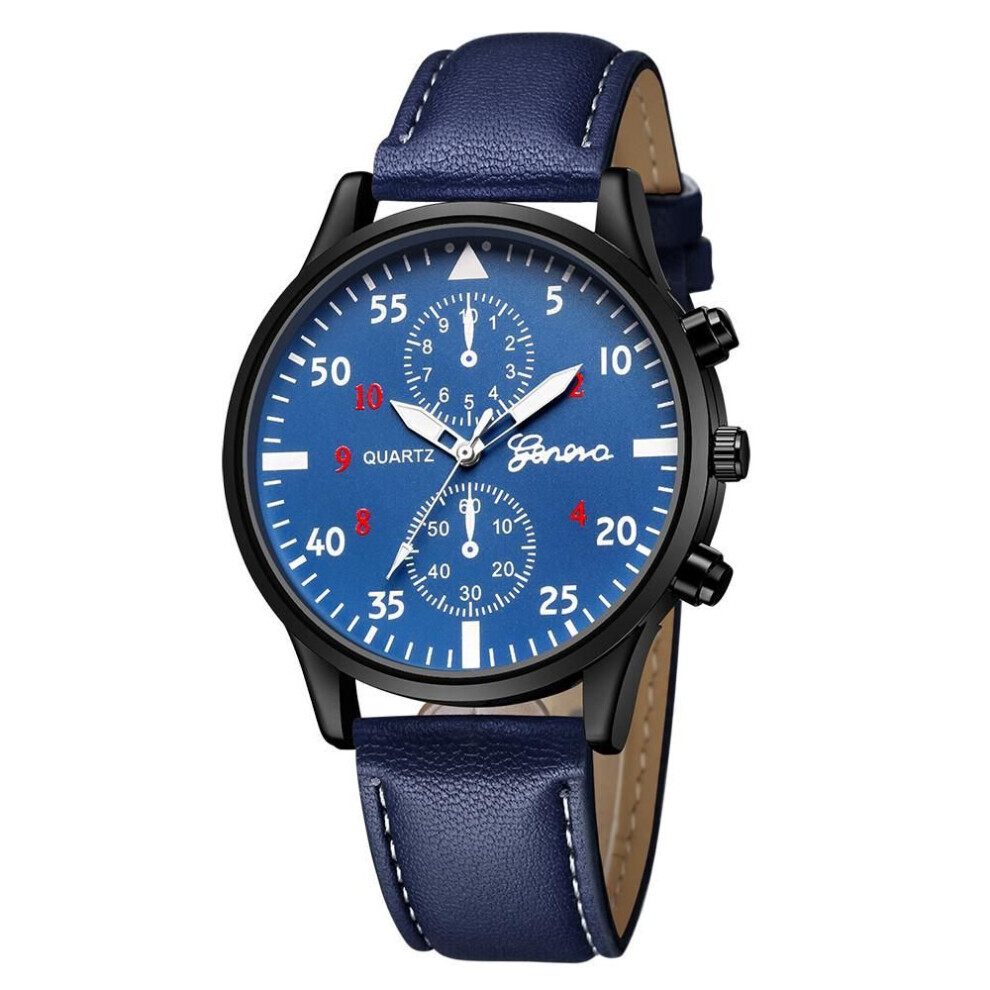 Montre-bracelet analogique à quartz pour homme, en cuir, style militaire, bleu
