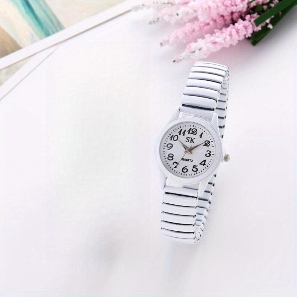 (blanc, blanc - femme) montre-bracelet élastique en acier inoxydable, montre à quartz pour amoureux,
