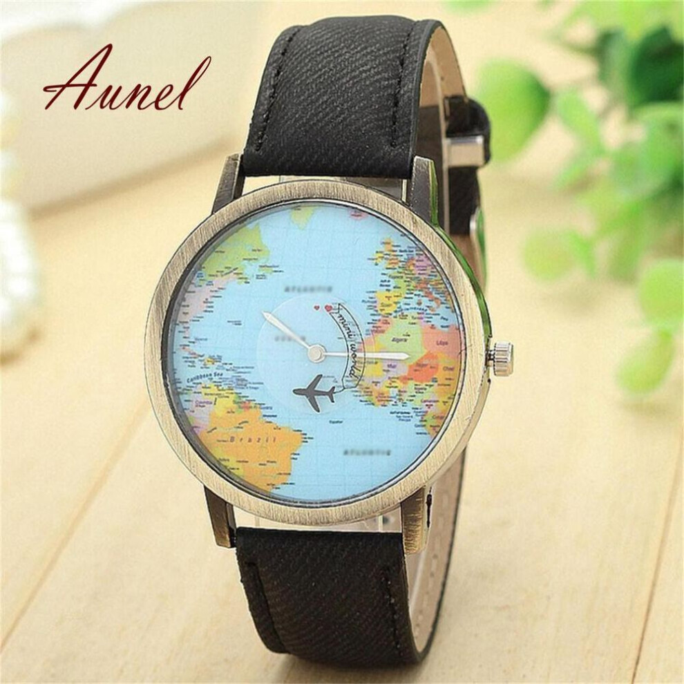 Montre à quartz analogique pour homme et femme (noire) avec bracelet en jean et cadran carte du monde