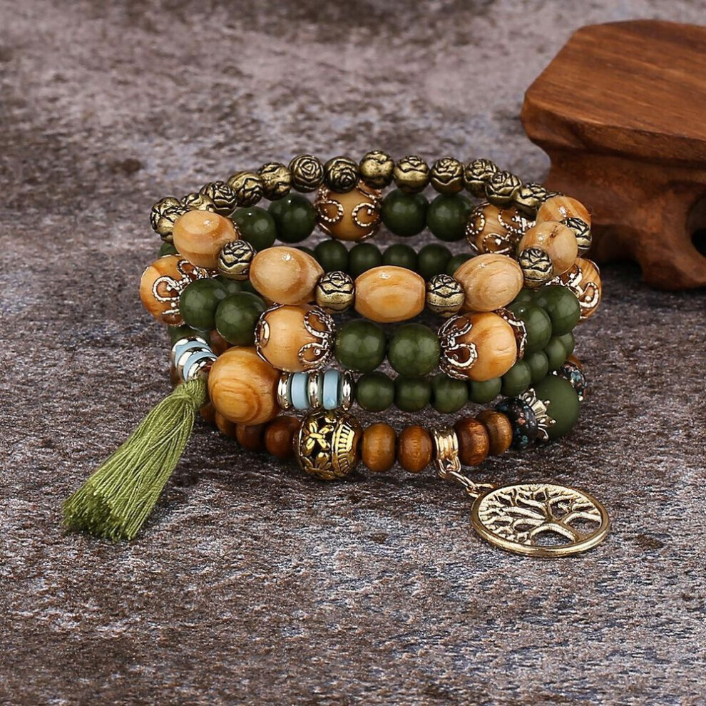 (Vert olive) Bracelets de perles superposées bohèmes à la mode Bracelets ethniques élastiques pour femmes
