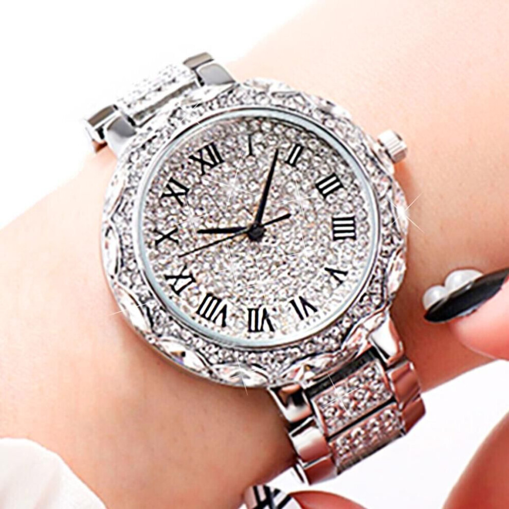 Montre à quartz de luxe en acier inoxydable pour femme (argent) - Design brillant
