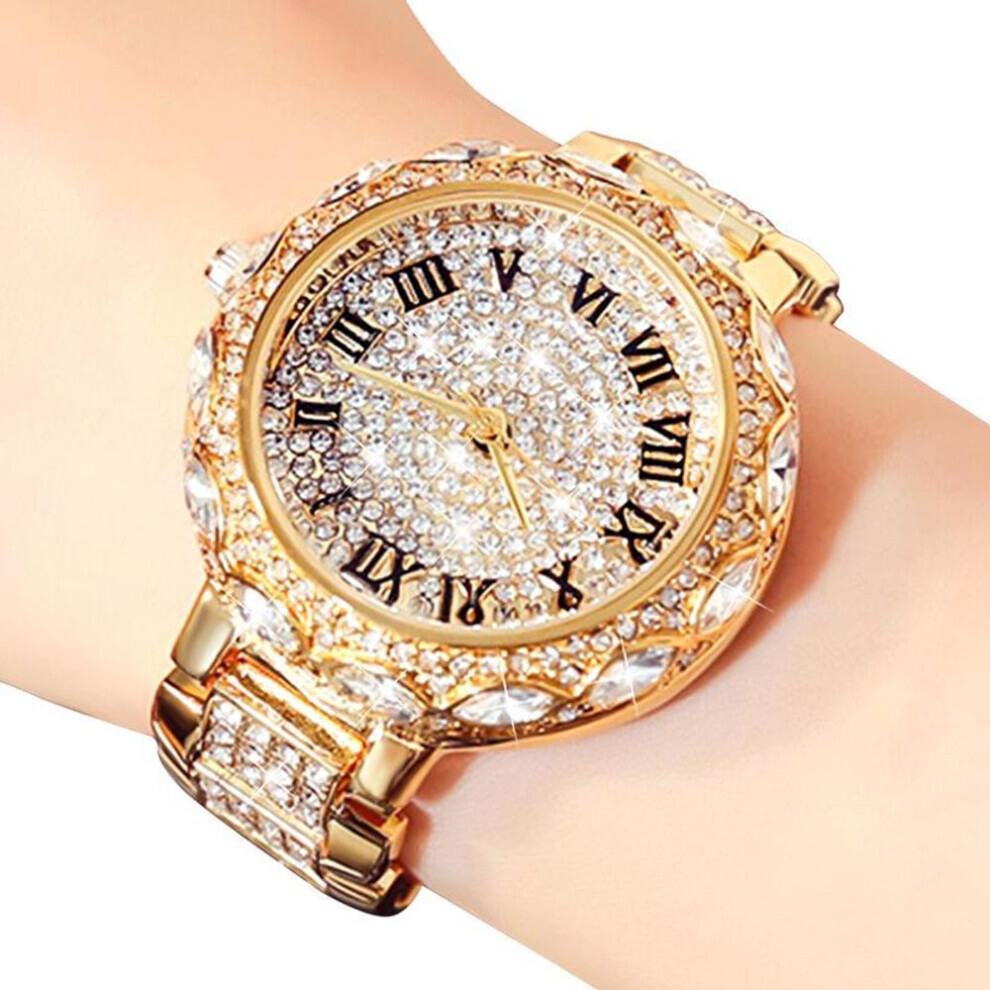 Montre à quartz de luxe en acier inoxydable pour femme (dorée), design brillant