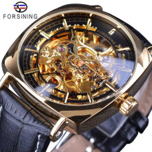 (schwarz, gold) Forsining Lederstreifen Luxus Gold Uhr Transparent Skelett Männer Automatische mechanische