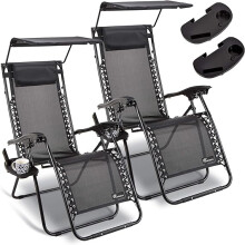 Set of 2 Sun Lounger Garden Chairs With Canopy and Cup Holder , Adjustable Headrest Pillow , Deck Folding Recliner Zero Gravity Outdoor Chair , Black