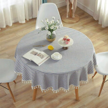(Blue, 100CM) Round Tablecloths Striped Fringe Tablecloth Cotton Linen Table Cover For Home Kitchen Decoration