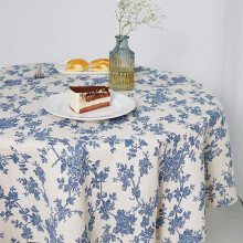 (150CM) Blue Floral Tablecloth Cotton Linen Vintage Round Tablecloth Indoor Outdoor Pastoral Table Cover For Party,Picnic,Dining,Garden