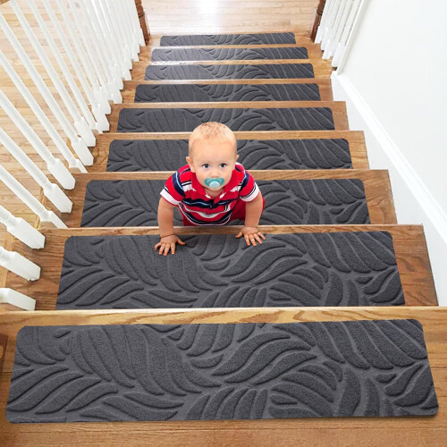 (15PCS) Anti-Slip Stair Tread Pads - 65X20CM Carpet Stair Mats Self-Adhesive Step Protectors For Home Staircase Grey