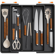Utensil Drawer Organiser, Expandable Cutlery Tray Adjustable Flatware Holder, Plastic Kitchen Cutlery Holder, Black