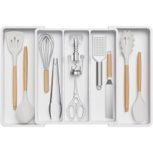 Utensil Drawer Organiser, Expandable Cutlery Tray Adjustable Flatware Holder, Plastic Kitchen Cutlery Holder, White