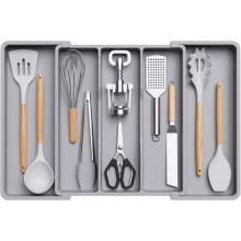 Utensil Drawer Organiser, Expandable Cutlery Tray Adjustable Flatware Holder, Plastic Kitchen Cutlery Holder, Grey