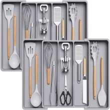 2PCS Utensil Drawer Organiser, Expandable Cutlery Tray Adjustable Flatware Holder, Plastic Kitchen Cutlery Holder, Grey