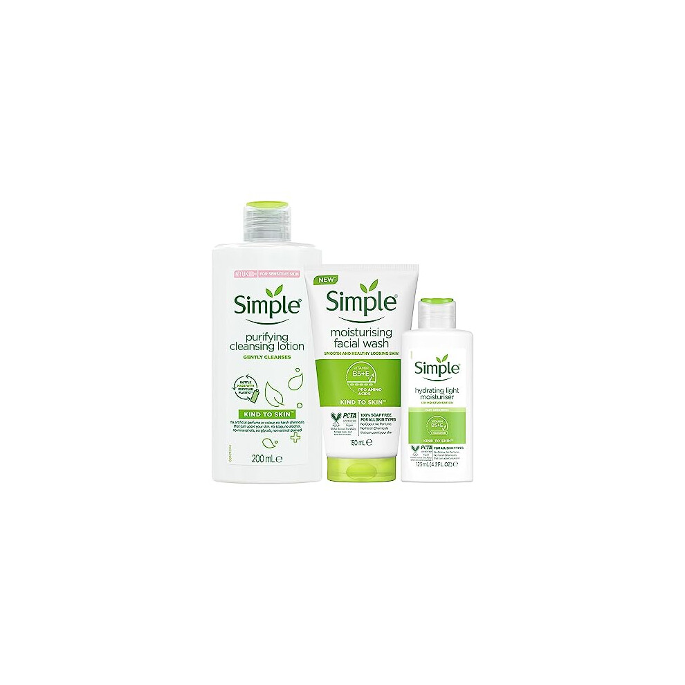 Simple Kind To Skin Care Bundle Of Purifying Cleansing Lotion 200ml, Moisturising Facial Wash 150ml, and Replenishing Rich Moisturiser 125ml