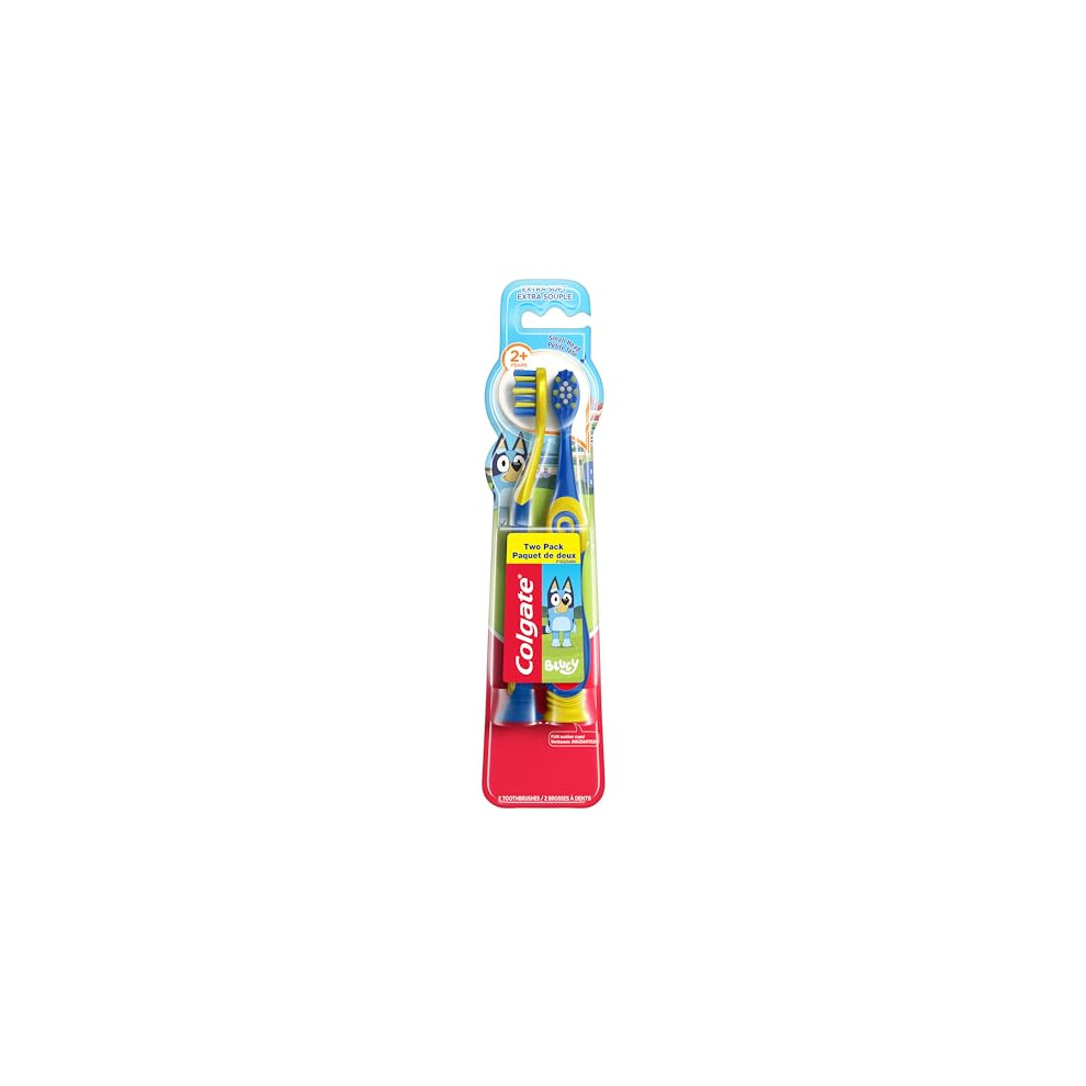 Colgate Bluey Extra Soft Toothbrush for Kids,Kids Toothbrush Pack with Built in Suction Cup,Designed for Children Ages 2 and Up,2 Count (Pack of 1)