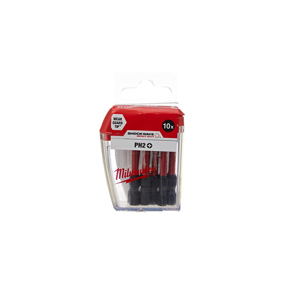 Milwaukee Shockwave PH2 50mm Screwdriver Bits Pack of 10, 4932472048, Red
