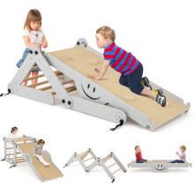 Montessori Climbing Set Wooden Climber Toys w/Reversible Ramp Grey